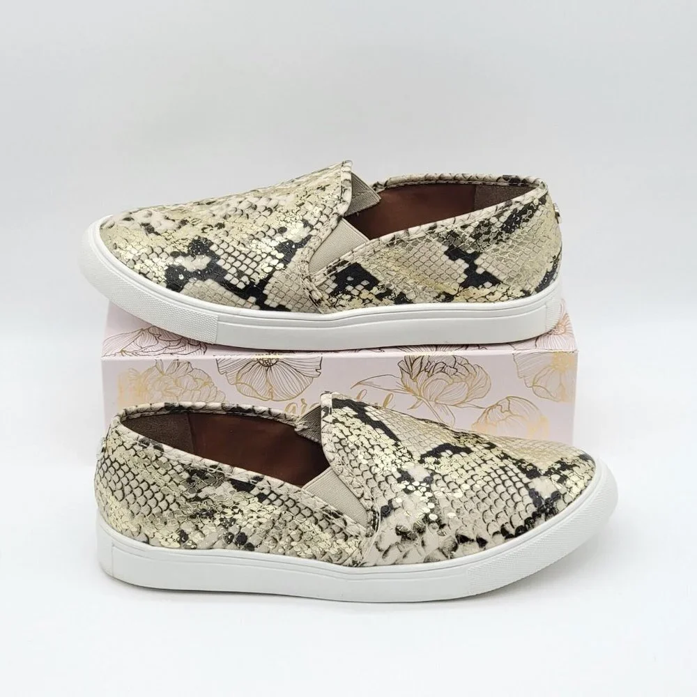 Steve Madden Safary Jungle Snakeskin Embossed Sneakers Womens 9 Slip On Gold